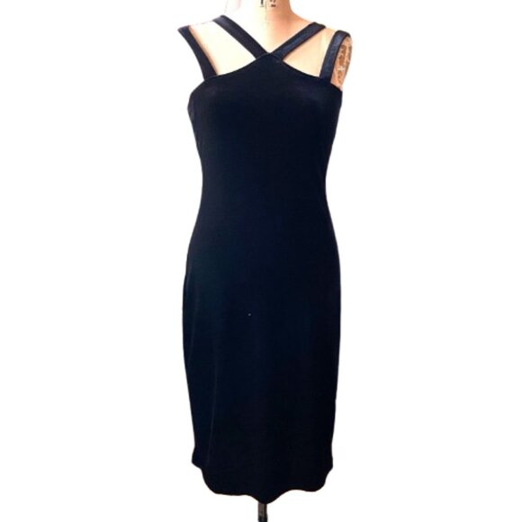Vintage Dresses & Skirts - Vintage 90s little black minimalist  pencil fitted strappy velvet dress